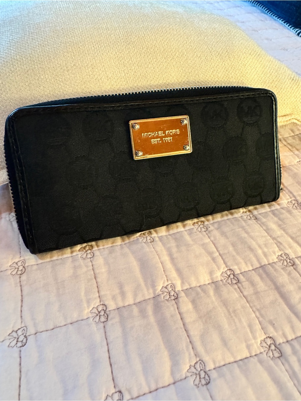 Michael Kors Black Signature Zip-Around Wallet with Gold Plaque
